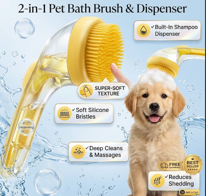 Dog Bath Brush, 2 in 1 Pet Grooming Bath Massage Brush with Soap and Shampoo Dispenser Soft Silicone Bristle Dog Scrubber for Long Short Haired Dogs Cats Shower-Yellow