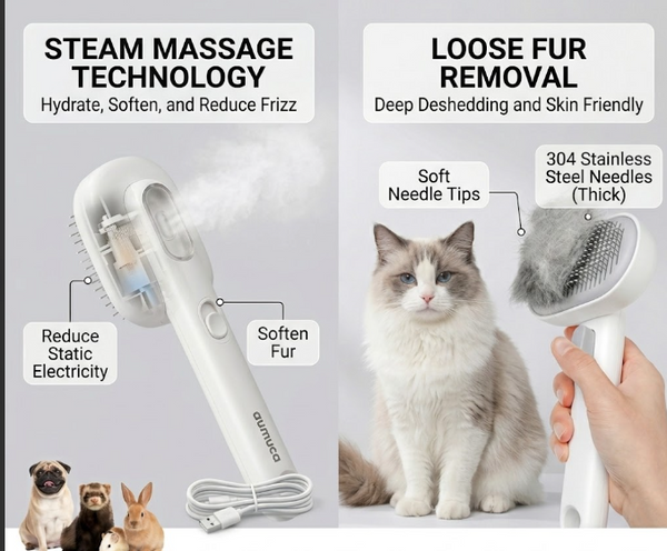 3-in-1 Steam Cat Brush — Self-Cleaning, Massage & Hair Removal for Cats and Dogs